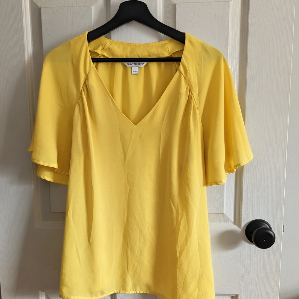 Counterparts Women's Sunny Yellow V-Neck Flutter-Sleeve Blouse Size Large